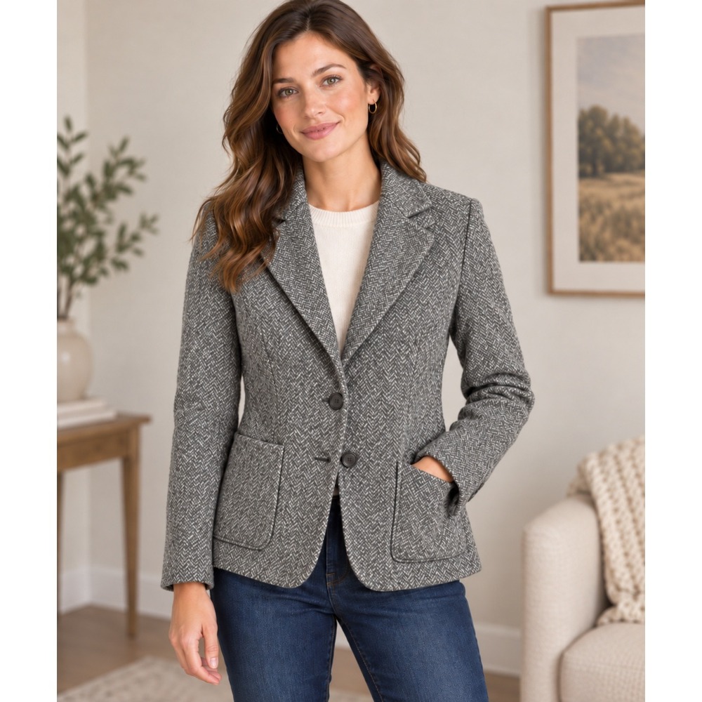 LL Bean Wool Silk Blend Herringbone Blazer Jacket, Women XS Reg, Gray Lined Coat